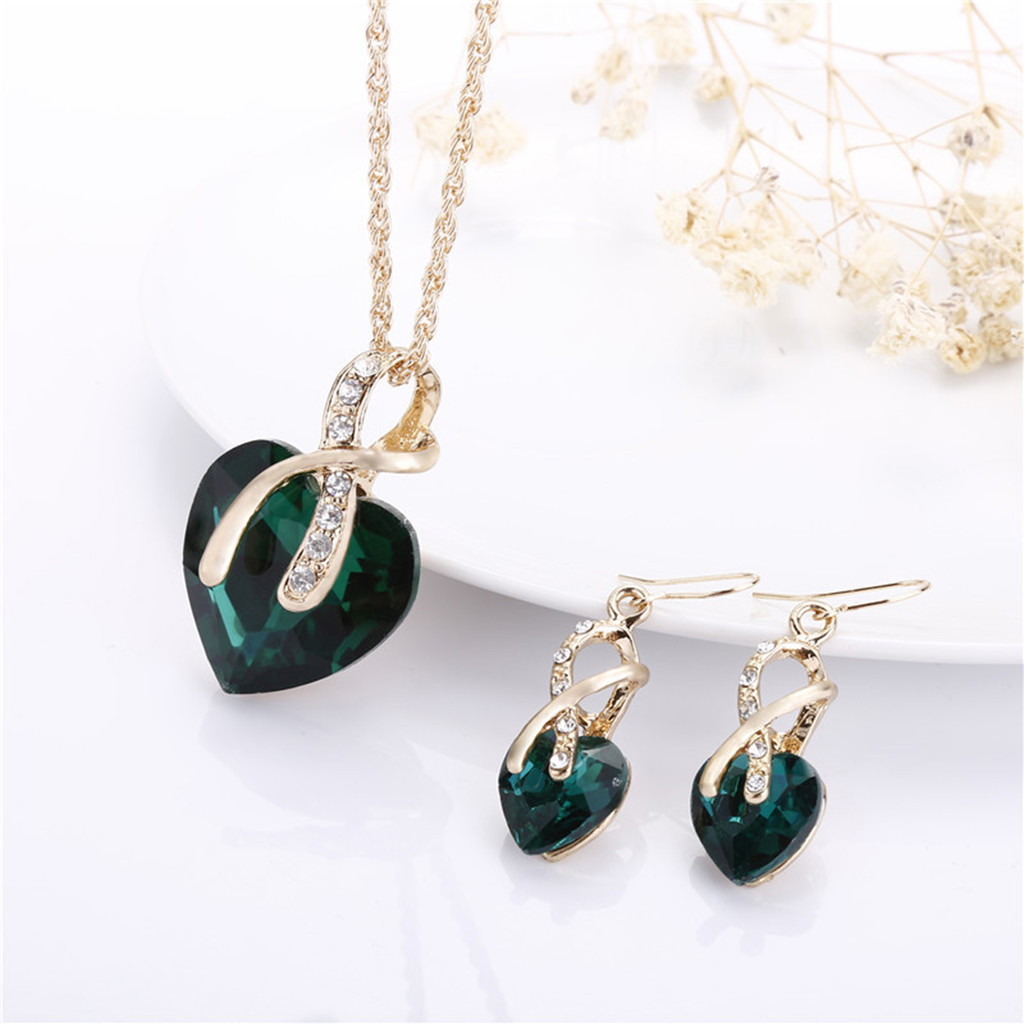 Bông Tai & Mặt Dây Chuyền Trái Tim Giả Pha Lê Ngọt Ngào - Perfect Set Cho Đám Cưới