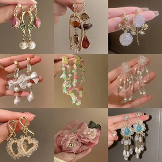 DREJEW ilver kim cương Bộ bông tai ngọc trai pha lê nhân tạo Châu Âu và Mỹ cổ điển nhẹ nhàng sang trọng bông tai dài