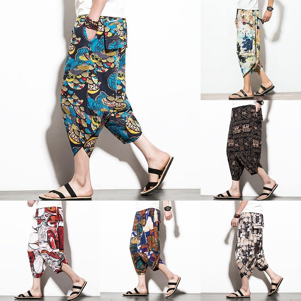< COSYH > Quần thời trang nam -rise Quần crop mềm phong cách dân tộc Quần in họa tiết cổ điển