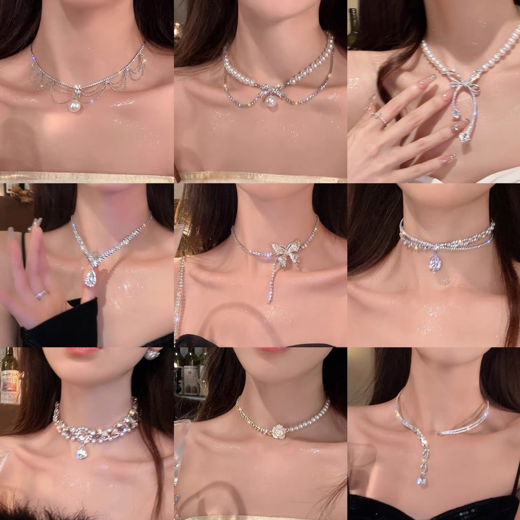 DREJEW Vòng cổ ngọc trai nhân tạo nơ dát kim cương Hàn Quốc thích hợp khí chất dây chuyền xương đòn