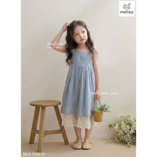 MLSDCC.7546 - Váy 2 dây Melisa sọc xanh thêu hoa chân ren trắng size 2 - 12y