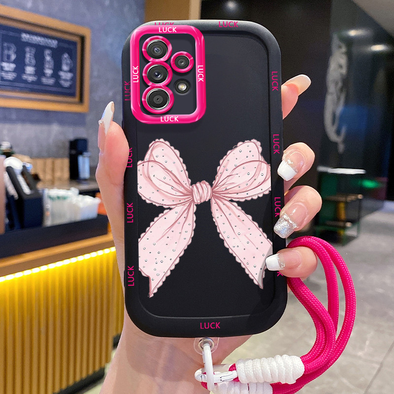 Ốp Lưng Samsung A52 4G A52 5G A52s 5G A13 5G A04s A23 5G M23 F23 A32 4G A33 5G A53 5G Case Hồng Bowknot Với Lanyard
