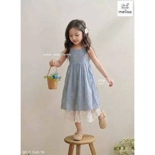 MLSDCC.7546 - Váy 2 dây Melisa sọc xanh thêu hoa chân ren trắng size 2 - 12y