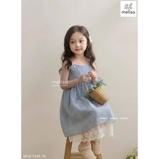 MLSDCC.7546 - Váy 2 dây Melisa sọc xanh thêu hoa chân ren trắng size 2 - 12y