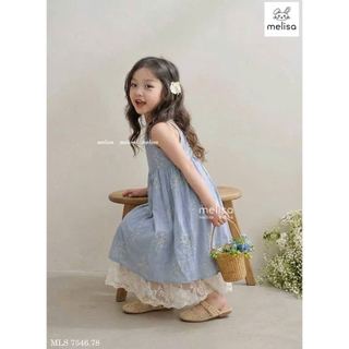 MLSDCC.7546 - Váy 2 dây Melisa sọc xanh thêu hoa chân ren trắng size 2 - 12y