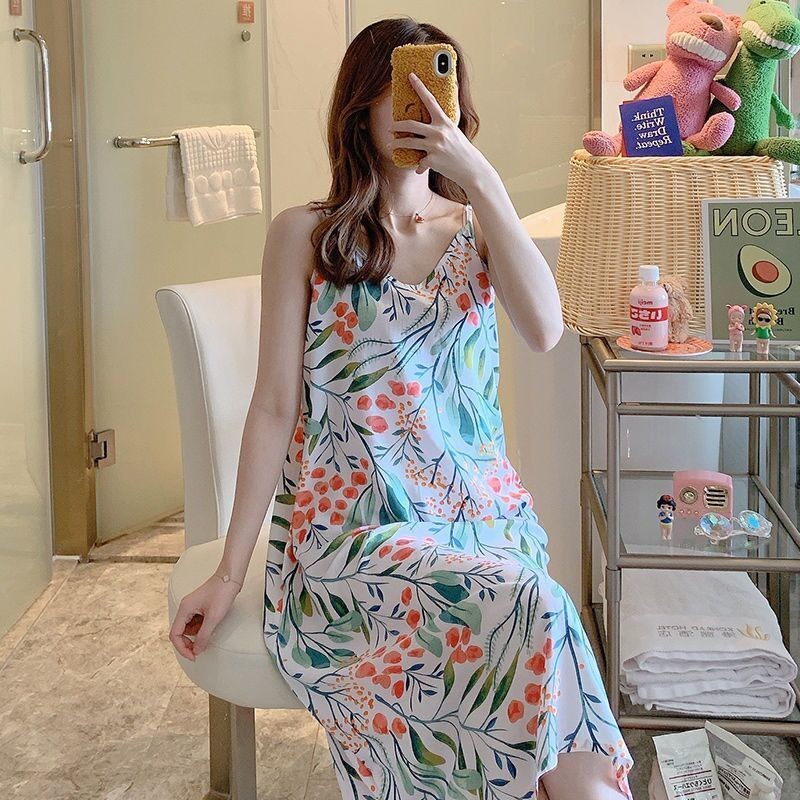 Plus Kích Thước Váy Ngủ Nữ Bộ Đồ Ngủ Nữ Quần Áo Ngủ Nữ In Hoa Loungewear Áo Ngủ Váy Ngủ Áo Liền Quần Áo Ngủ Nữ Bộ Đồ Ngủ Đầm