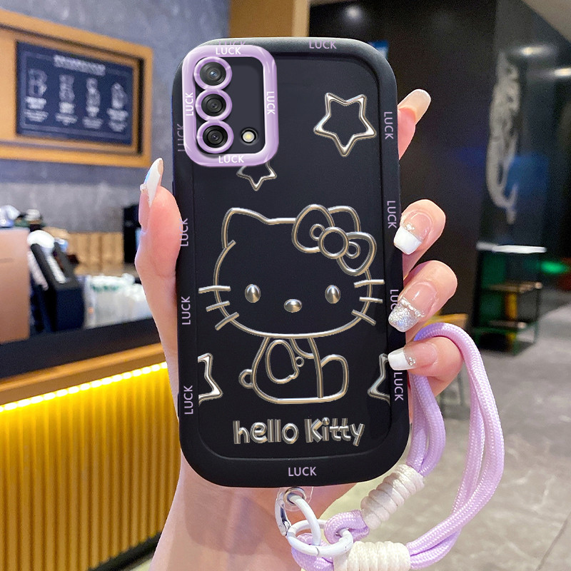 Ốp Lưng OPPO A74 A95 F19 F19s Reno 6 Lite Case Mèo Dễ thương Với Lanyard
