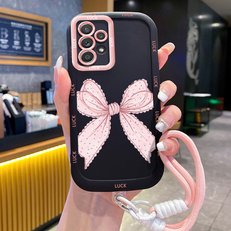 Ốp Lưng Samsung A52 4G A52 5G A52s 5G A13 5G A04s A23 5G M23 F23 A32 4G A33 5G A53 5G Case Hồng Bowknot Với Lanyard