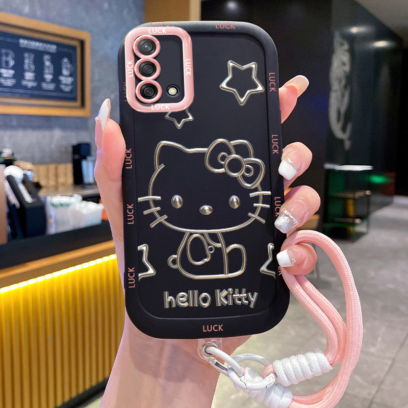 Ốp Lưng OPPO A74 A95 F19 F19s Reno 6 Lite Case Mèo Dễ thương Với Lanyard