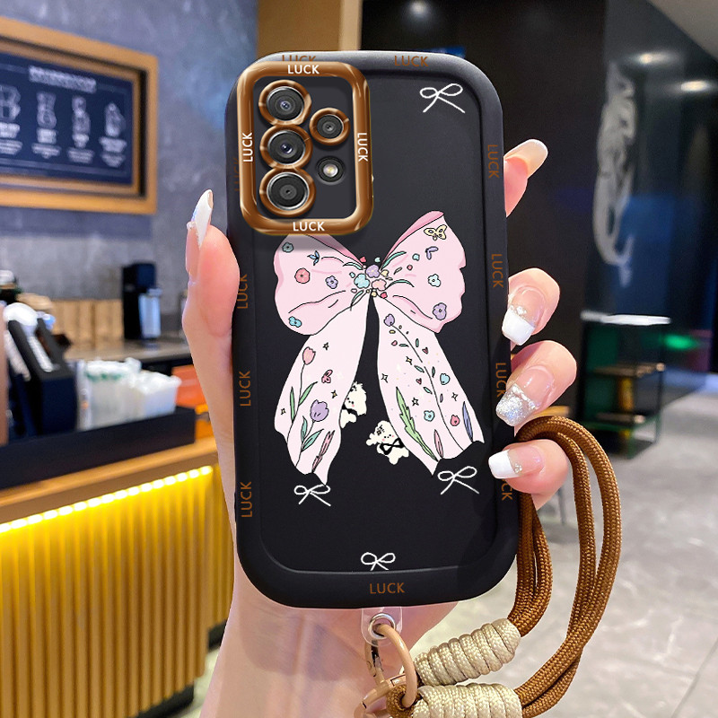 Ốp Lưng Samsung A52 4G A52 5G A52s 5G A13 5G A04s A23 5G M23 F23 A32 4G A33 5G A53 5G Case Hồng Bowknot Với Lanyard