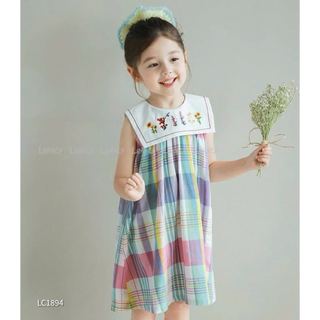 LC1894 - Váy Lennco kẻ caro sắc màu cổ yếm size 1-10y