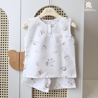 | SEUN KIDS | Bộ sát tay bé trai bé gái đũi thô mềm nhẹ (mềm hơn sau giặt) 8–35kg set mặc nhà thoáng mát thấm hút đồ bộ