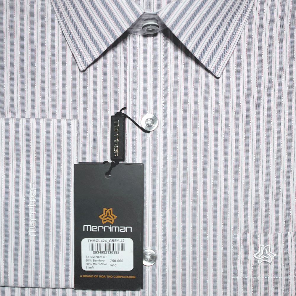 MERRIMAN SALE - Áo Sơ Mi MERRIMAN Dài Tay, Màu Xám - Trắng, Họa Tiết Sọc Dọc, Form Slim Fit Lai Bầu