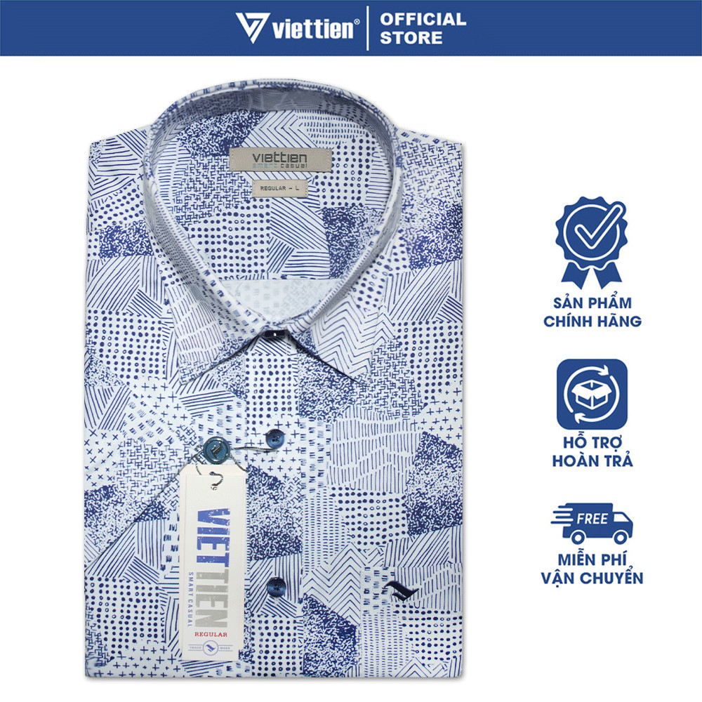 VIETTIEN SALE - Áo Sơ Mi VIETTIEN Ngắn Tay, Màu Xanh Navy - Trắng, Họa Tiết Hoa Văn, Form Regular Lai Ngang
