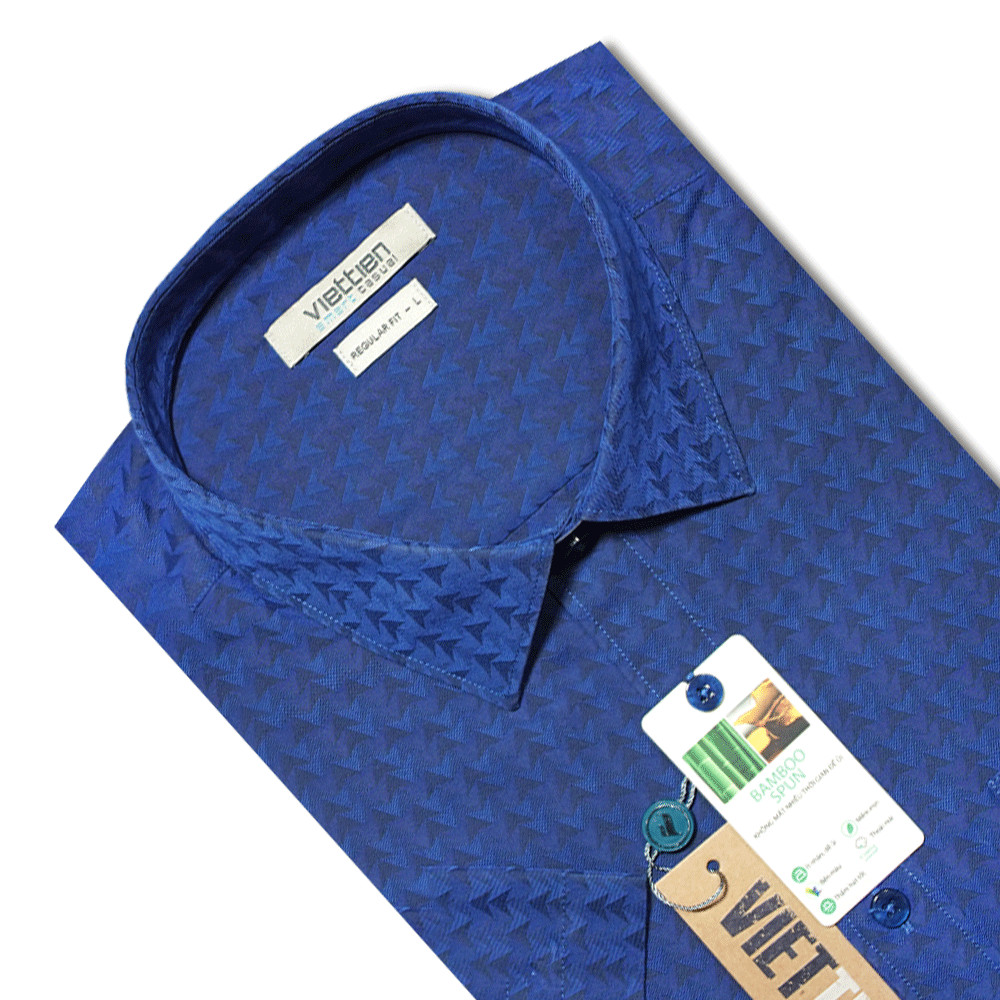 VIETTIEN SALE - Áo Sơ Mi VIETTIEN Ngắn Tay, Màu Xanh Navy, Họa Tiết Hoa Văn, Form Regular Fit Lai Ngang