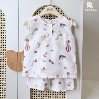 | SEUN KIDS | Bộ sát tay bé trai bé gái đũi thô mềm nhẹ (mềm hơn sau giặt) 8–35kg set mặc nhà thoáng mát thấm hút đồ bộ