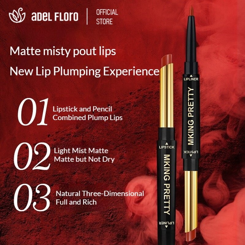 【Adel Floro】Chì Kẻ Môi +Thỏi Son 2in1 -Lì mịn, Viền môi rõ nét, Bền màu, Không lem cốc, Tông da sáng