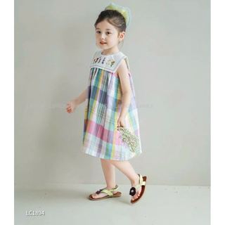 LC1894 - Váy Lennco kẻ caro sắc màu cổ yếm size 1-10y