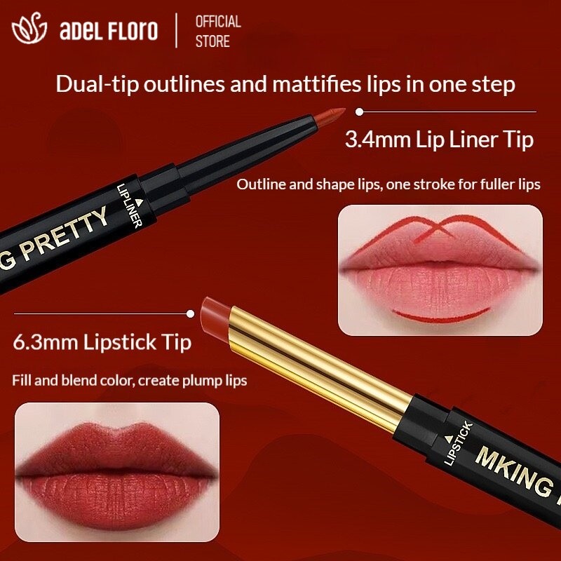 【Adel Floro】Chì Kẻ Môi +Thỏi Son 2in1 -Lì mịn, Viền môi rõ nét, Bền màu, Không lem cốc, Tông da sáng
