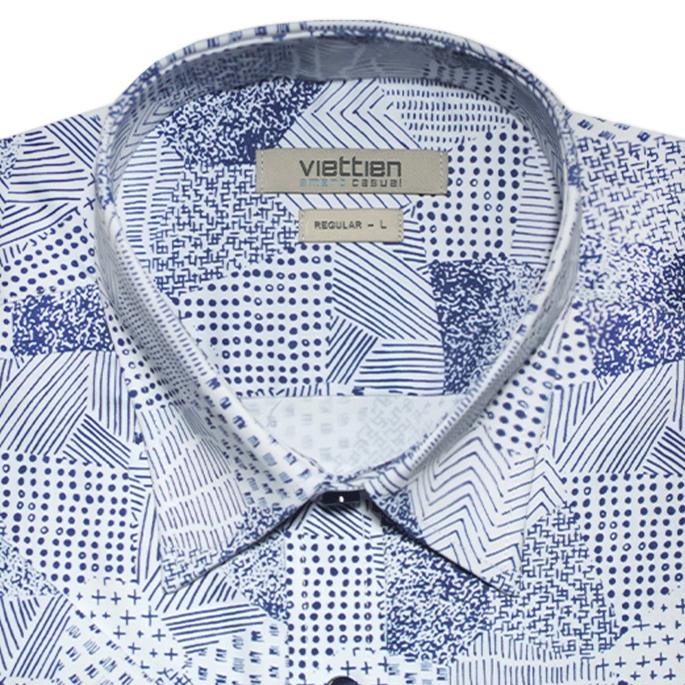 VIETTIEN SALE - Áo Sơ Mi VIETTIEN Ngắn Tay, Màu Xanh Navy - Trắng, Họa Tiết Hoa Văn, Form Regular Lai Ngang