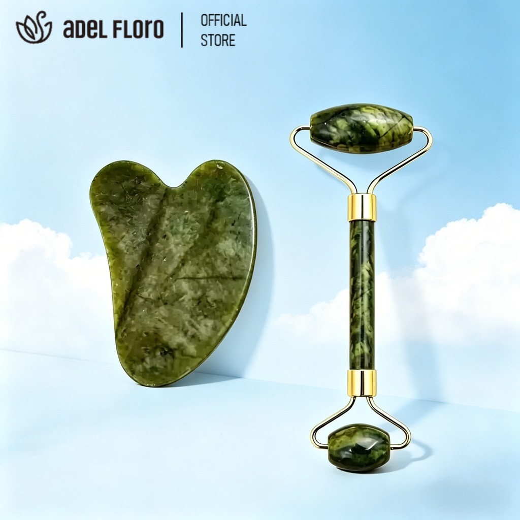 【Adel Floro】Bộ Lăn Mặt Ngọc Bích & Gua Sha - Massage thư giãn, Giảm sưng mắt, Thư giãn, Thông kinh