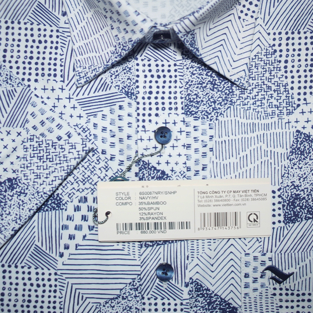 VIETTIEN SALE - Áo Sơ Mi VIETTIEN Ngắn Tay, Màu Xanh Navy - Trắng, Họa Tiết Hoa Văn, Form Regular Lai Ngang