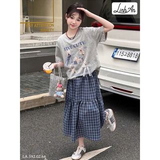 BLACC.592 - Set bộ Linh An áo in cún đính nơ + chân váy kẻ caro xanh size 2-12y
