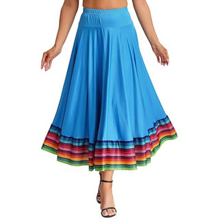 Váy Maxi Tây Ban Nha Flamenco co giãn, eo nhún, hiệu suất, viền cầu vồng lớn