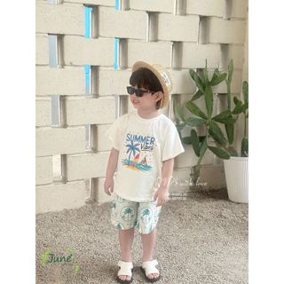 VJ115 - Bộ June with love áo cotton trắng Summer + quần lanh cây dừa size 1 - 10y