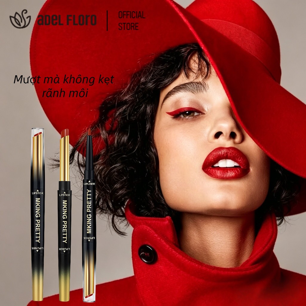 【Adel Floro &Co.】Bút 2 Đầu Kẻ Môi Và Son - Lì mượt, Vẽ viền môi, Màu lâu, Không trôi, Nâng tone da