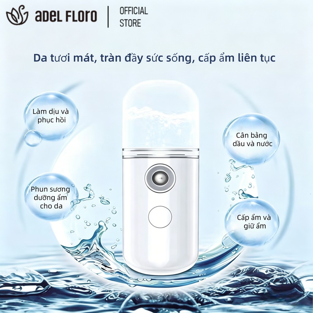 【Adel Floro &Co.】Máy Xịt Dưỡng Ẩm Mini - Sạc USB, Cầm Tay, Tạo Độ Ẩm, Dưỡng Da Mặt