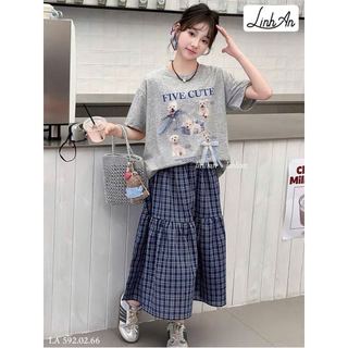 BLACC.592 - Set bộ Linh An áo in cún đính nơ + chân váy kẻ caro xanh size 2-12y