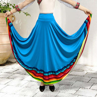 Váy Maxi Tây Ban Nha Flamenco co giãn, eo nhún, hiệu suất, viền cầu vồng lớn