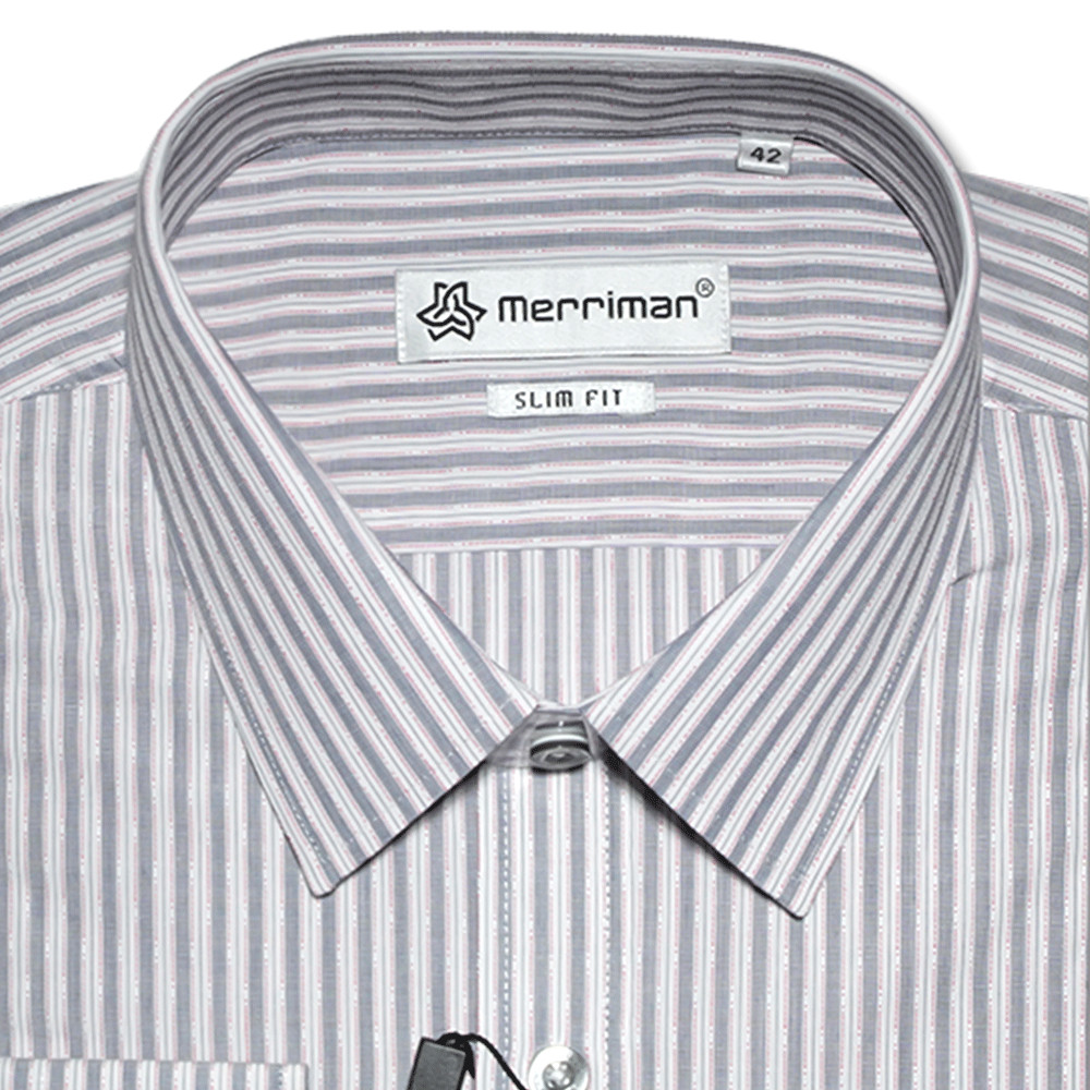 MERRIMAN SALE - Áo Sơ Mi MERRIMAN Dài Tay, Màu Xám - Trắng, Họa Tiết Sọc Dọc, Form Slim Fit Lai Bầu