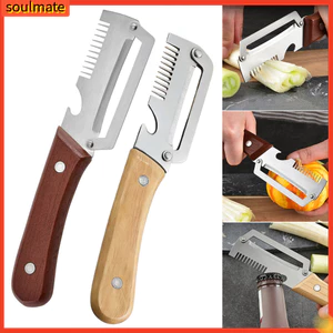 Dụng cụ gọt vỏ rau củ bằng thép không gỉ có tay cầm bằng gỗ Dụng cụ gọt vỏ khoai tây trái cây 3 trong 1 có dụng cụ mở chai Dụng cụ gọt vỏ nhanh nhà bếp