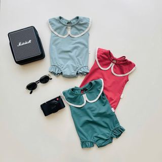 DB00035 - Bộ bơi Harifa liền thân cổ sen viền ren trơn  nhiều màu bé gái size 1-8y