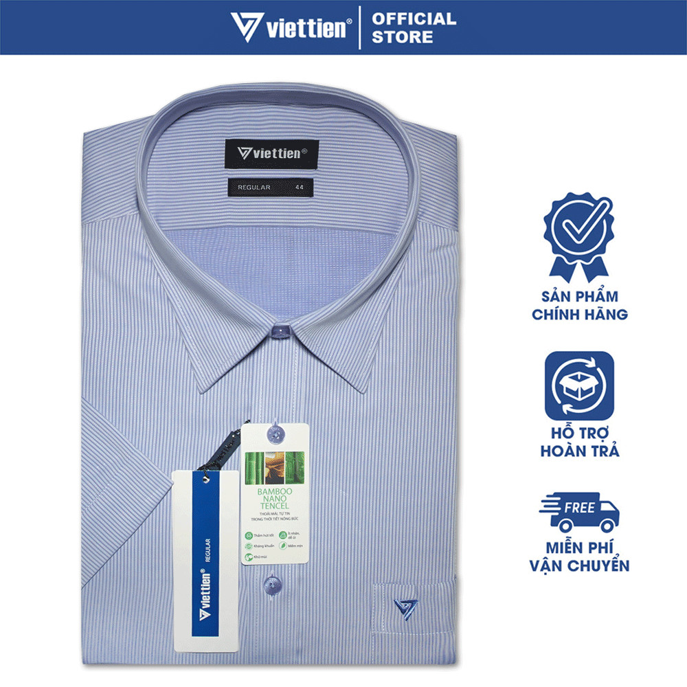 VIETTIEN SALE - Áo Sơ Mi VIETTIEN Ngắn Tay, Màu Tím Xanh, Họa Tiết Sọc Dọc, Form Regular, Lai Bầu