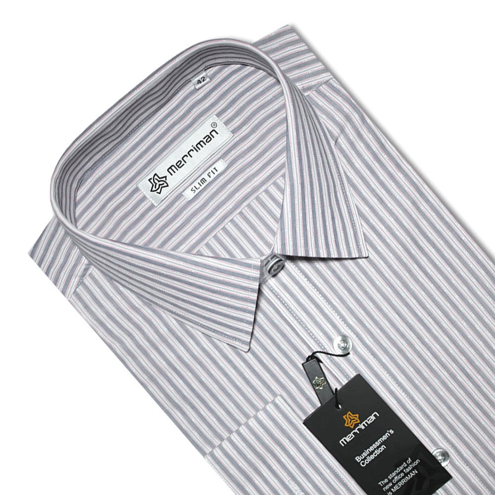 MERRIMAN SALE - Áo Sơ Mi MERRIMAN Dài Tay, Màu Xám - Trắng, Họa Tiết Sọc Dọc, Form Slim Fit Lai Bầu