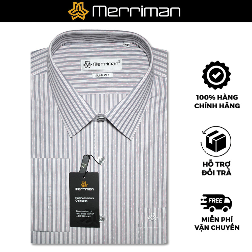 MERRIMAN SALE - Áo Sơ Mi MERRIMAN Dài Tay, Màu Xám - Trắng, Họa Tiết Sọc Dọc, Form Slim Fit Lai Bầu