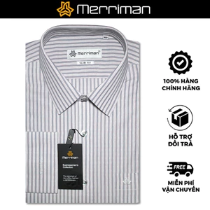 MERRIMAN SALE - Áo Sơ Mi MERRIMAN Dài Tay, Màu Xám - Trắng, Họa Tiết Sọc Dọc, Form Slim Fit Lai Bầu