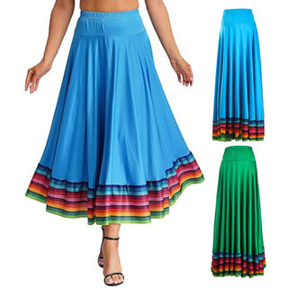 Váy Maxi Tây Ban Nha Flamenco co giãn, eo nhún, hiệu suất, viền cầu vồng lớn