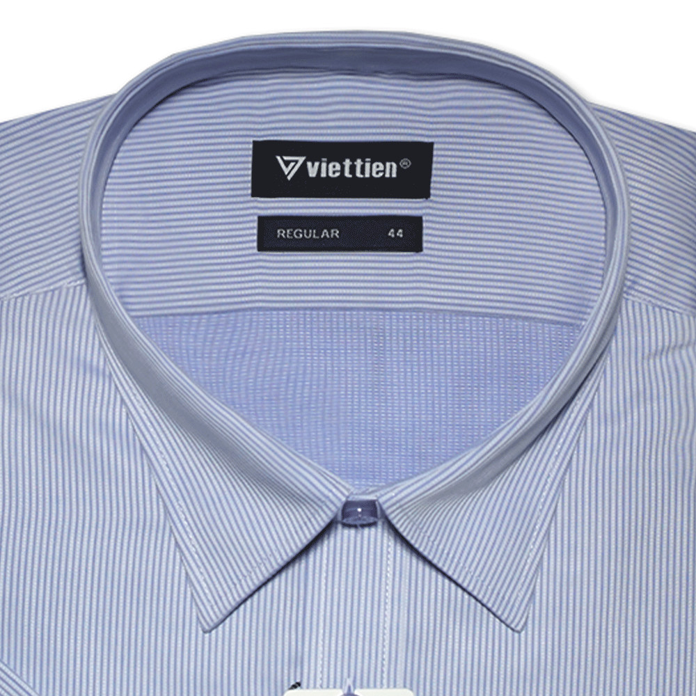 VIETTIEN SALE - Áo Sơ Mi VIETTIEN Ngắn Tay, Màu Tím Xanh, Họa Tiết Sọc Dọc, Form Regular, Lai Bầu