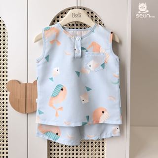 | SEUN KIDS | Bộ sát tay bé trai bé gái đũi thô mềm nhẹ (mềm hơn sau giặt) 8–35kg set mặc nhà thoáng mát thấm hút đồ bộ