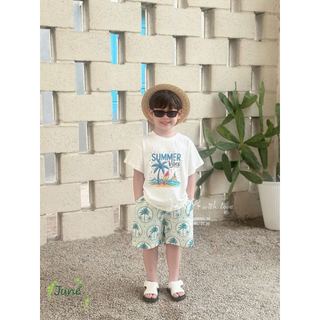VJ115 - Bộ June with love áo cotton trắng Summer + quần lanh cây dừa size 1 - 10y