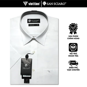 SANSCIARO SALE - Áo Sơ Mi SANSCIARO Ngắn Tay, Màu Trắng, Họa Tiết Caro chìm, Form Regular Lai Bầu