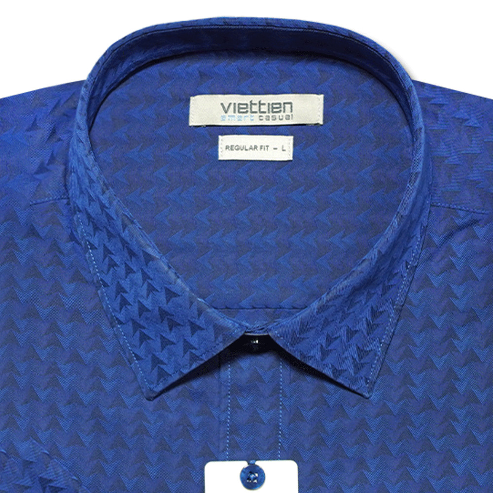VIETTIEN SALE - Áo Sơ Mi VIETTIEN Ngắn Tay, Màu Xanh Navy, Họa Tiết Hoa Văn, Form Regular Fit Lai Ngang