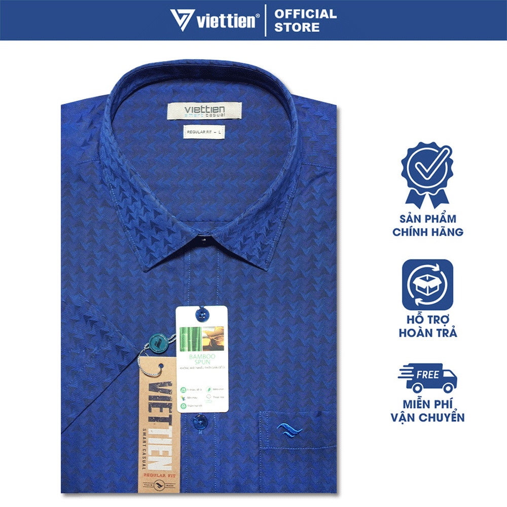 VIETTIEN SALE - Áo Sơ Mi VIETTIEN Ngắn Tay, Màu Xanh Navy, Họa Tiết Hoa Văn, Form Regular Fit Lai Ngang
