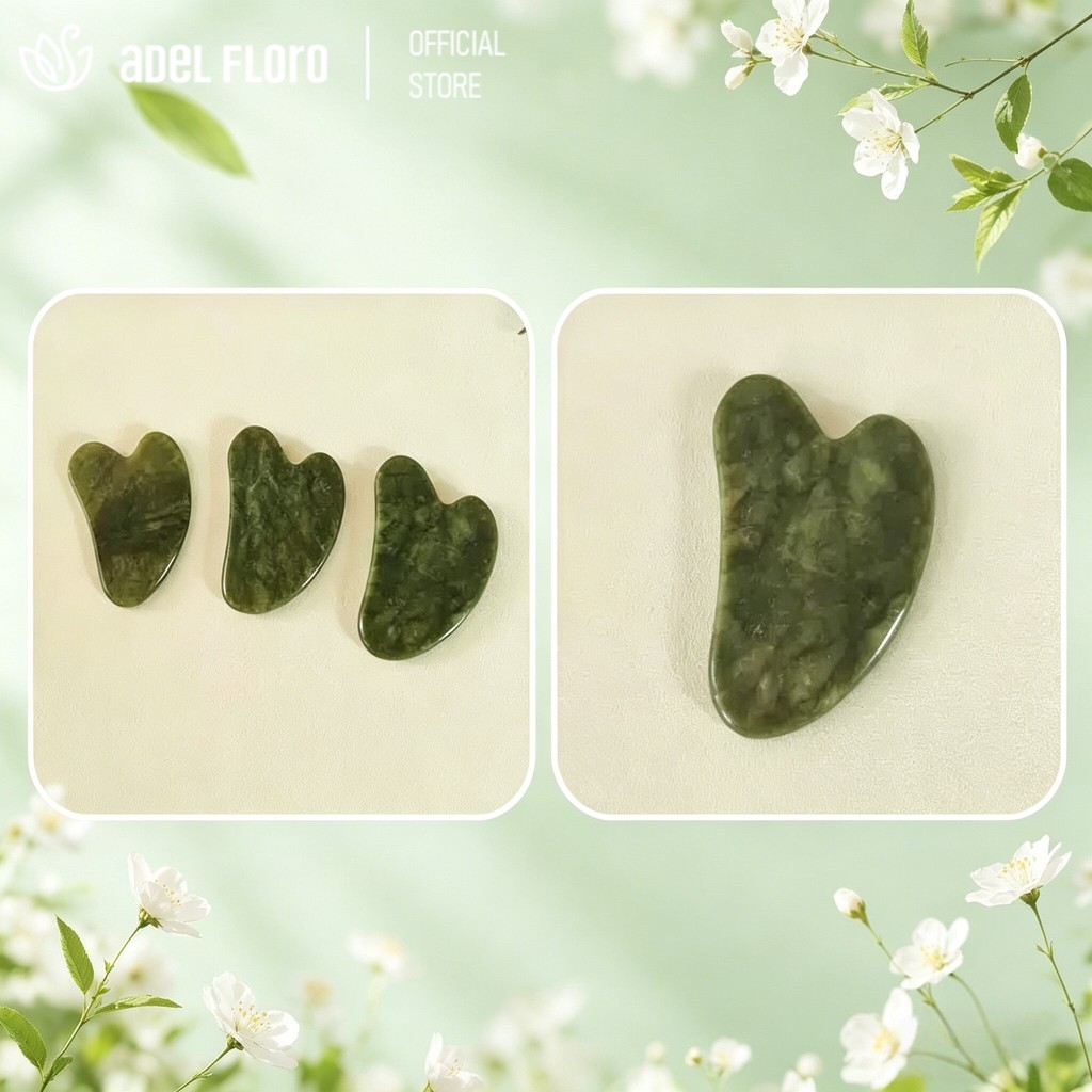 【Adel Floro】Bộ Lăn Mặt Ngọc Bích & Gua Sha - Massage thư giãn, Giảm sưng mắt, Thư giãn, Thông kinh