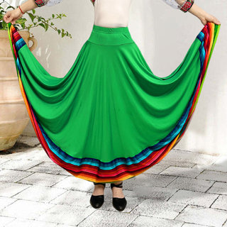 Váy Maxi Tây Ban Nha Flamenco co giãn, eo nhún, hiệu suất, viền cầu vồng lớn