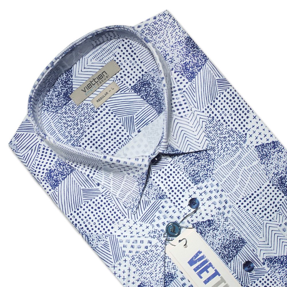 VIETTIEN SALE - Áo Sơ Mi VIETTIEN Ngắn Tay, Màu Xanh Navy - Trắng, Họa Tiết Hoa Văn, Form Regular Lai Ngang